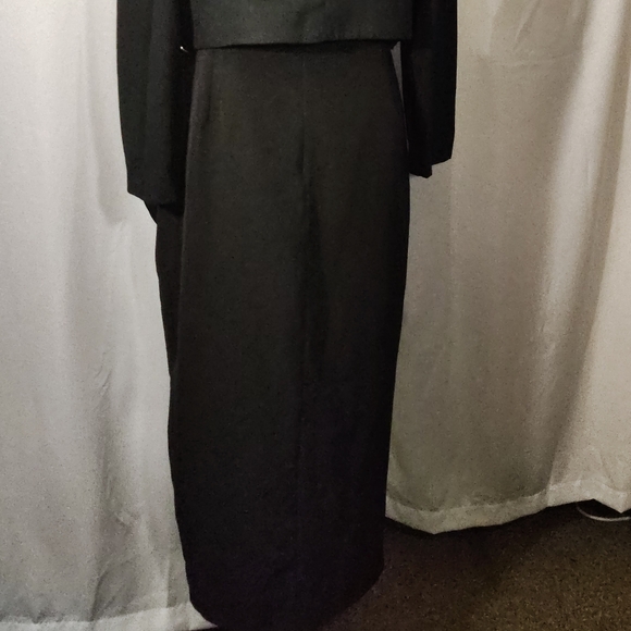 Bardot Sheath Dress, Black, Spaghetti Strap Ruffled Ruch, Leg Slit, Zip, 12 - Picture 6 of 7